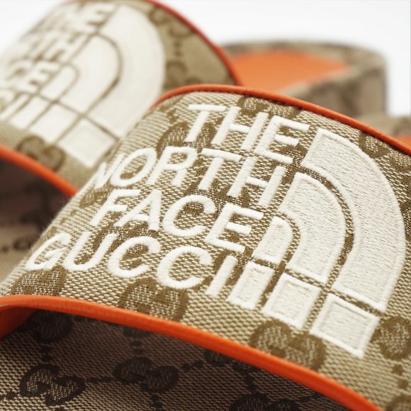 New in Blemished Box Women's The North Face x Gucci Beige & Orange Slides US 6 - Picture 6 of 16